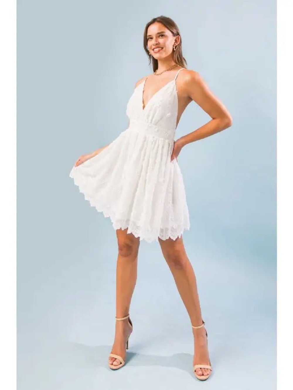 White Lace Mini Dress with Floral Detailing